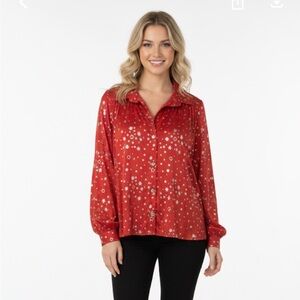 Joanna vintage Red & Silver star print Long Sleeve Blouse size large